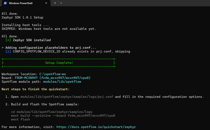 Screenshot of success of the command `Invoke-Expression "& { $(Invoke-RestMethod -Uri 'https://downloads.spotflow.io/spotflowup.ps1' -UseBasicParsing) } -zephyr -board frdm_mcxn947"`